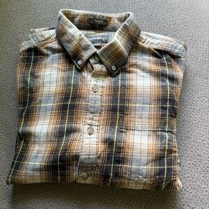 Eddie Bauer Button Down Shirt Men's Large Brown Plaid Flannel Cotton Long Sleeve